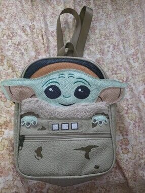 Kids Beige and Mint Green Character Backpack - Baby Yoda Design